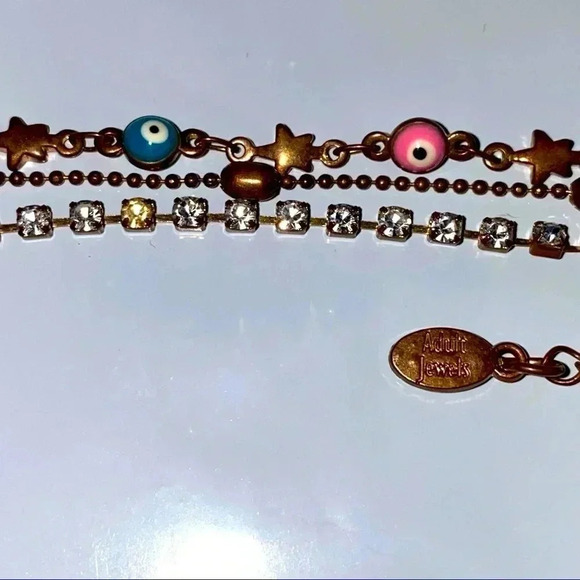 ADULT Jewels 3 Strand Bracelet With Evil Eyes, Stars & Rhinestones in Copper - Picture 7 of 12